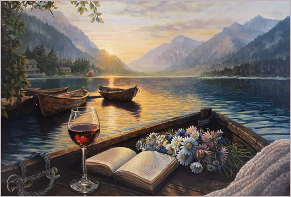Between Light and Silence - atmospheric oil painting by Ukrainian artist Matish, twilight scene with boat, book, wine glass and flowers, 50x70cm