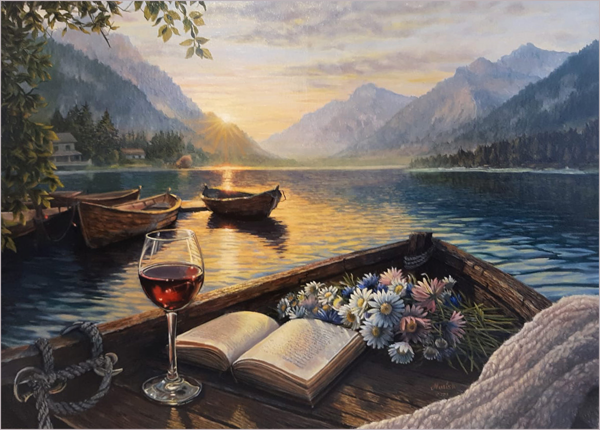 Between Light and Silence oil painting by Ukrainian artist Matish — atmospheric twilight scene with boat, open book, wine glass and flowers on canvas 50x70cm
