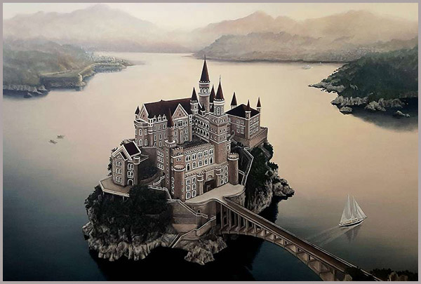Fairytale castle oil painting on canvas by Ukrainian artist Matish, 50x70cm