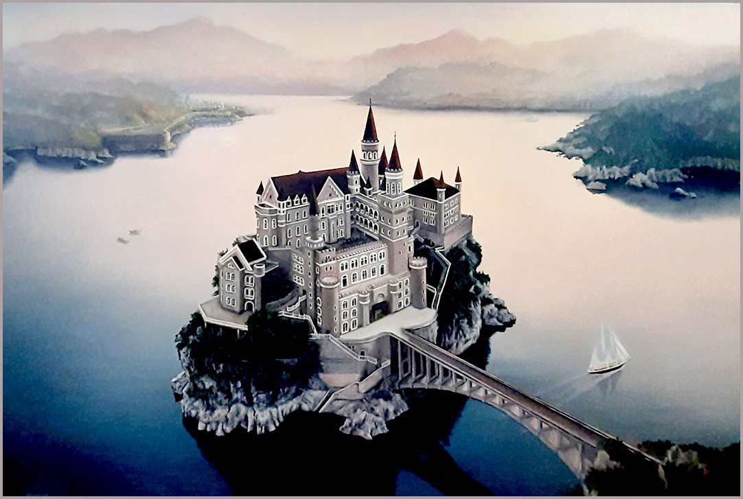 Fairytale Castle oil painting by Ukrainian artist Matish - magical castle on rocky island at dawn, oil on canvas 50x70cm