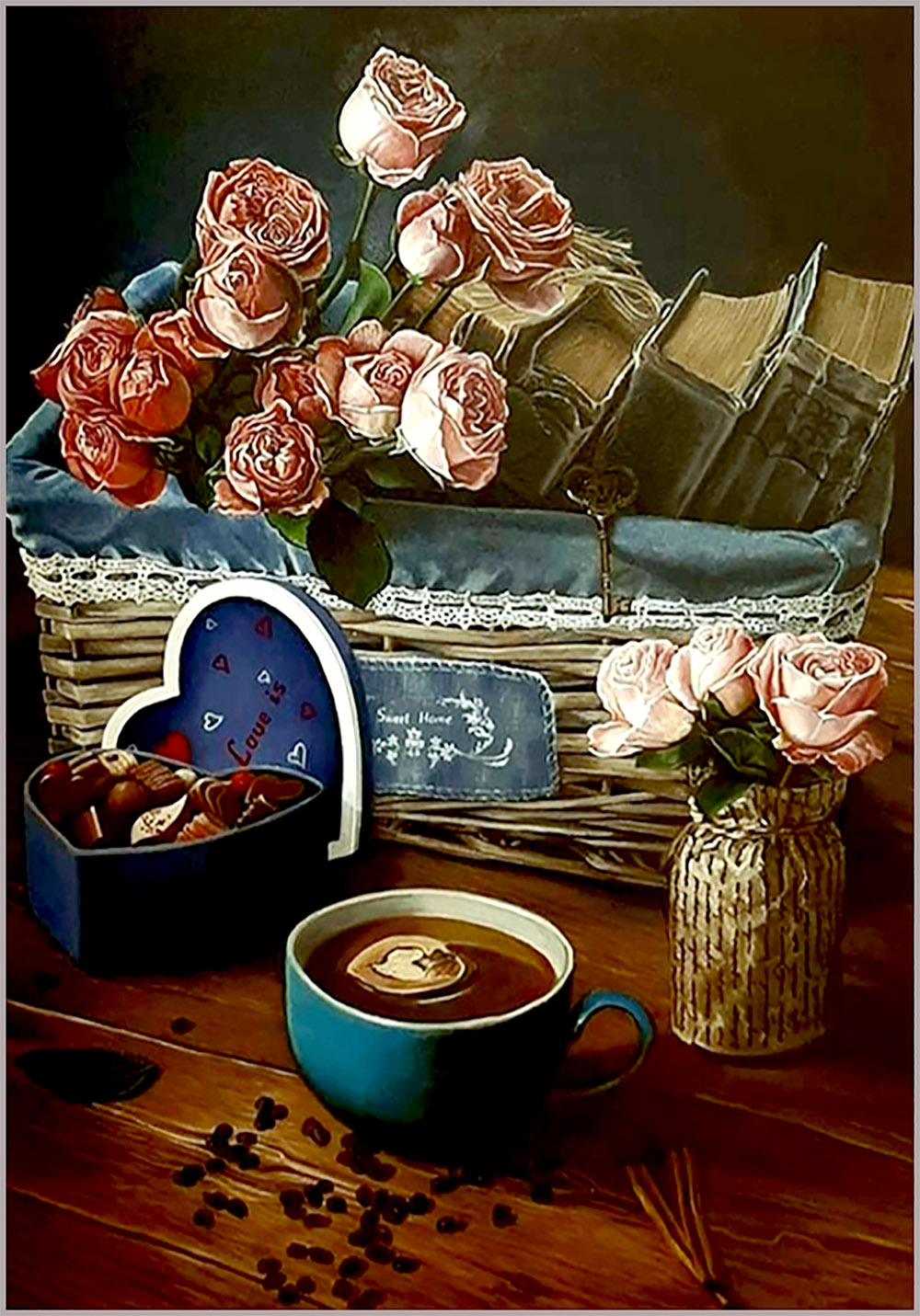 My Comfort oil painting by Ukrainian artist Matish - still life with coffee, roses, sweets and ancient books on canvas