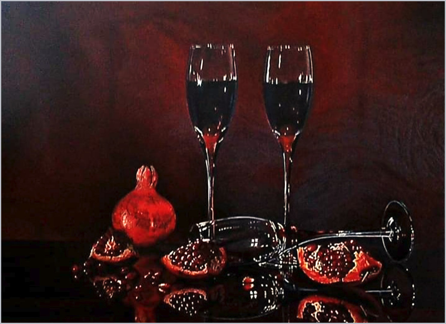 Pomegranate oil painting by Ukrainian artist Matish - still life with pomegranates and wine on canvas 60x80cm