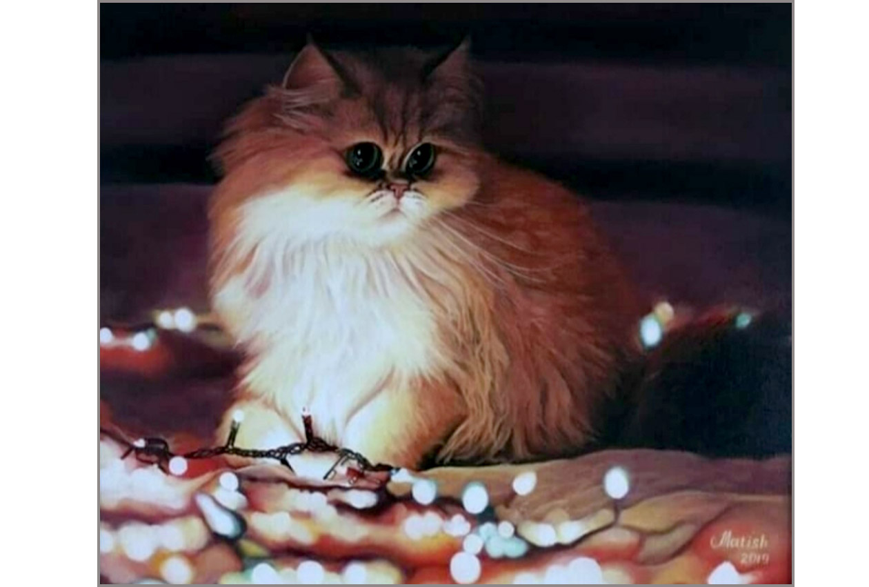 Emmy in Anticipation of the Holiday oil painting by Ukrainian artist Matish - red cat portrait with Christmas lights on canvas 50x70cm