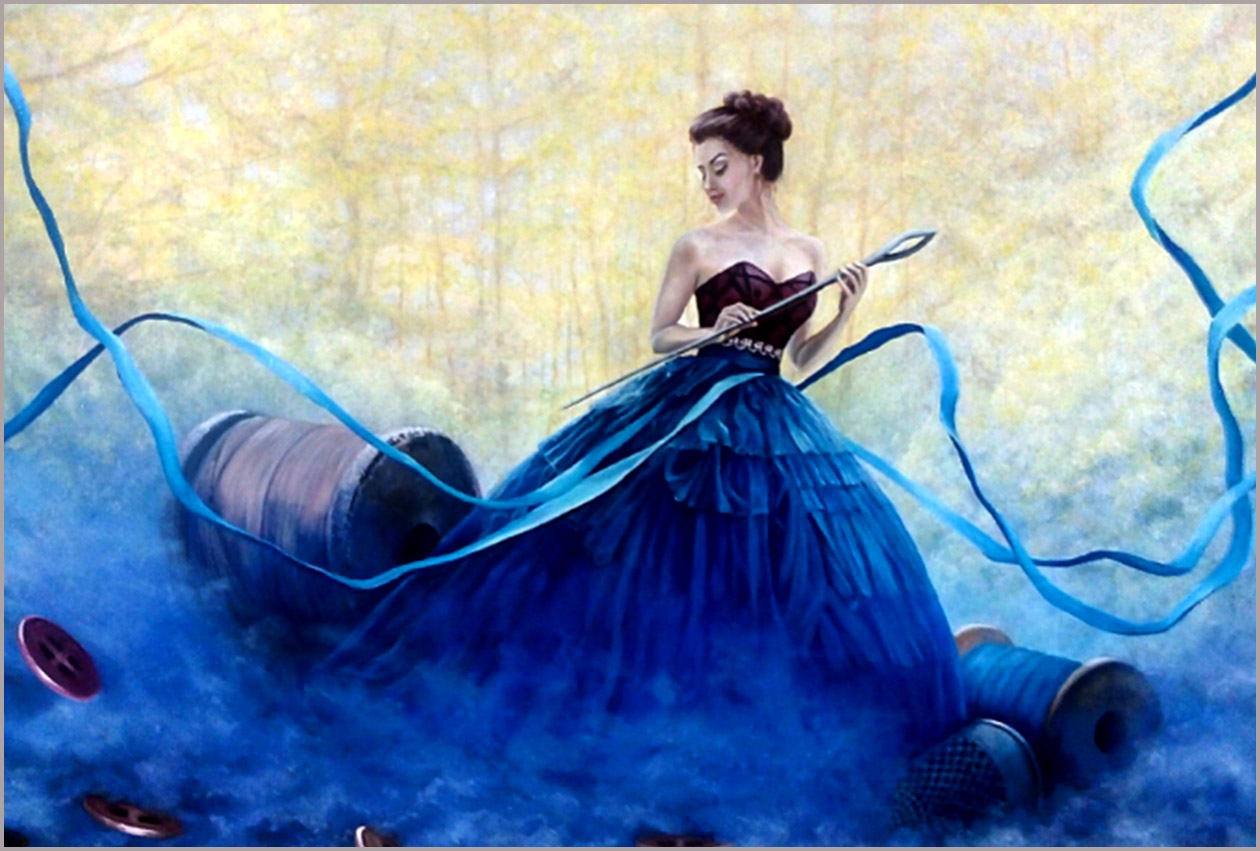 Threads of Fate oil painting by Ukrainian artist Matish - mystical portrait of destiny as girl weaving threads in fog on canvas 50x70cm