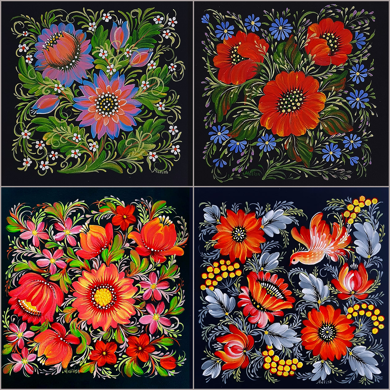 Traditional Ukrainian Petrykivka decorative folk art painting by Matish - UNESCO heritage art style featuring vibrant floral motifs